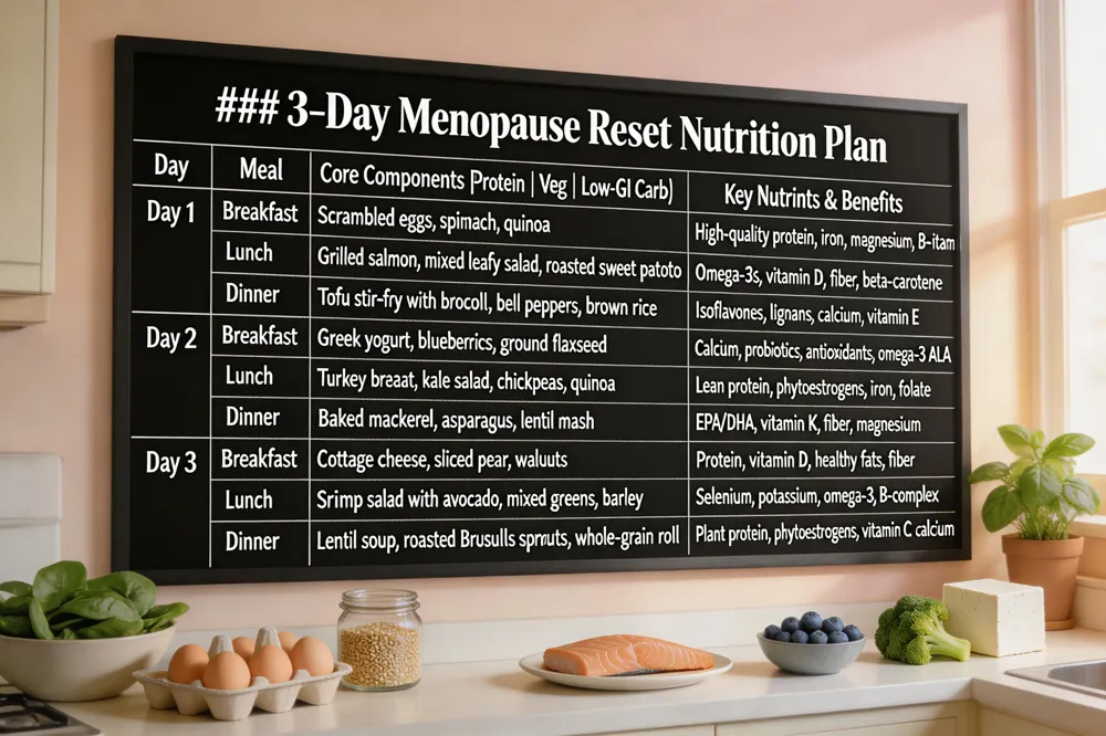 ### 3‑Day Menopause Reset Nutrition Plan
| Day | Meal | Core Components (Protein | Veg | Low‑GI Carb) | Key Nutrients & Benefits | |-----|------|-----------------------------------------------|--------------------------| | Day 1 | Breakfast | Scrambled eggs, spinach, quinoa | High‑quality protein, iron, magnesium, B‑vitamins | | | Lunch | Grilled salmon, mixed leafy salad, roasted sweet potato | Omega‑3s, vitamin D, fiber, beta‑carotene | | | Dinner | Tofu stir‑fry with broccoli, bell peppers, brown rice | Isoflavones, lignans, calcium, vitamin E | | Day 2 | Breakfast | Greek yogurt, blueberries, ground flaxseed | Calcium, probiotics, antioxidants, omega‑3 ALA | | | Lunch | Turkey breast, kale salad, chickpeas, quinoa | Lean protein, phytoestrogens, iron, folate | | | Dinner | Baked mackerel, asparagus, lentil mash | EPA/DHA, vitamin K, fiber, magnesium | | Day 3 | Breakfast | Cottage cheese, sliced pear, walnuts | Protein, vitamin D, healthy fats, fiber | | | Lunch | Shrimp salad with avocado, mixed greens, barley | Selenium, potassium, omega‑3, B‑complex | | | Dinner | Lentil soup, side of roasted Brussels sprouts, whole‑grain roll | Plant protein, phytoestrogens, vitamin C, calcium | 