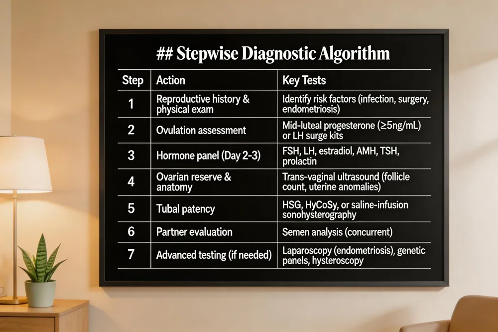 ### Stepwise Diagnostic Algorithm
| Step | Action | Key Tests |
|---|---|---|
| 1 | Reproductive history & physical exam | Identify risk factors (infection, surgery, endometriosis) |
| 2 | Ovulation assessment | Mid‑luteal progesterone (≥5 ng/mL) or LH surge kits |
| 3 | Hormone panel (Day 2‑3) | FSH, LH, estradiol, AMH, TSH, prolactin |
| 4 | Ovarian reserve & anatomy | Trans‑vaginal ultrasound (follicle count, uterine anomalies) |
| 5 | Tubal patency | HSG, HyCoSy, or saline‑infusion sonohysterography |
| 6 | Partner evaluation | Semen analysis (concurrent) |
| 7 | Advanced testing (if needed) | Laparoscopy (endometriosis), genetic panels, hysteroscopy |
