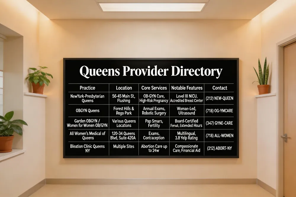 Queens Provider Directory
| Practice | Location | Core Services | Notable Features | Contact | |----------|----------|---------------|------------------|---------| | NewYork‑Presbyterian Queens | 56‑45 Main St., Flushing | Routine OB‑GYN care, high‑risk pregnancy, minimally invasive surgery | Level III NICU, NAPBC‑accredited breast center | (212) NEW‑QUEEN | | OBGYN Queens | Forest Hills & Rego Park | Annual exams, advanced procedures, robotic surgery | Woman‑led, state‑of‑the‑art ultrasound | (718) OG‑YMCARE | | Garden OBGYN / Women for Women OB/GYN | Various Queens locations | Pap smears, family planning, endometrial ablation, fertility | Board‑certified female physicians, extended hours | (347) GYNE‑CARE | | All Women’s Medical of Queens Kew Gardens | 120‑34 Queens Blvd., Suite 420A | Exams, STD testing, contraception, medication‑up to 24 weeks, multilingual staff, financial assistance, 3.8‑star Yelp rating | (718) ALL‑WOMEN | | Bleation Clinic Queens NY | Multiple sites (All Women’s Medical, Choices Women’s) | Medication & surgical abortion up to 24 weeks, insurance accepted | Compassionate care, financial aid | (212) ABORT‑NY | 