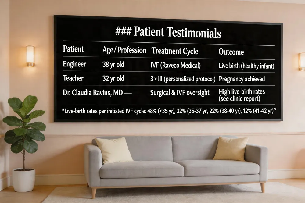 ### Patient Testimonials
| Patient | Age / Profession | Treatment Cycle | Outcome |
|---|---|---|---|
| Engineer | 38 yr old | IVF (Raveco Medical) | Live birth (healthy infant) |
| Teacher | 32 yr old | 3 × IUI (personalized protocol) | Pregnancy achieved |
| Dr. Claudia Ravins, MD | — | Surgical & IVF oversight | High live‑birth rates (see clinic report) |
Live‑birth rates per initiated IVF cycle: 48 % (<35 yr), 32 % (35‑37 yr), 22 % (38‑40 yr), 12 % (41‑42 yr).