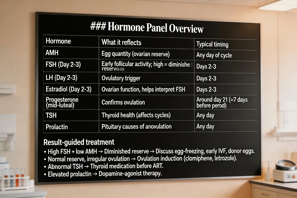 ### Hormone Panel Overview
| Hormone | What it reflects | Typical timing |
|---|---|---|
| AMH | Egg quantity (ovarian reserve) | Any day of cycle |
| FSH (Day 2‑3) | Early follicular activity; high = diminished reserve | Days 2‑3 |
| LH (Day 2‑3) | Ovulatory trigger | Days 2‑3 |
| Estradiol (Day 2‑3) | Ovarian function, helps interpret FSH | Days 2‑3 |
| Progesterone (mid‑luteal) | Confirms ovulation | Around day 21 (≈7 days before period) |
| TSH | Thyroid health (affects cycles) | Any day |
| Prolactin | Pituitary causes of anovulation | Any day |
Result‑guided treatment
- High FSH + low AMH → Diminished reserve → Discuss egg‑freezing, early IVF, donor eggs.
- Normal reserve, irregular ovulation → Ovulation induction (clomiphene, letrozole).
- Abnormal TSH → Thyroid medication before ART.
- Elevated prolactin → Dopamine‑agonist therapy.