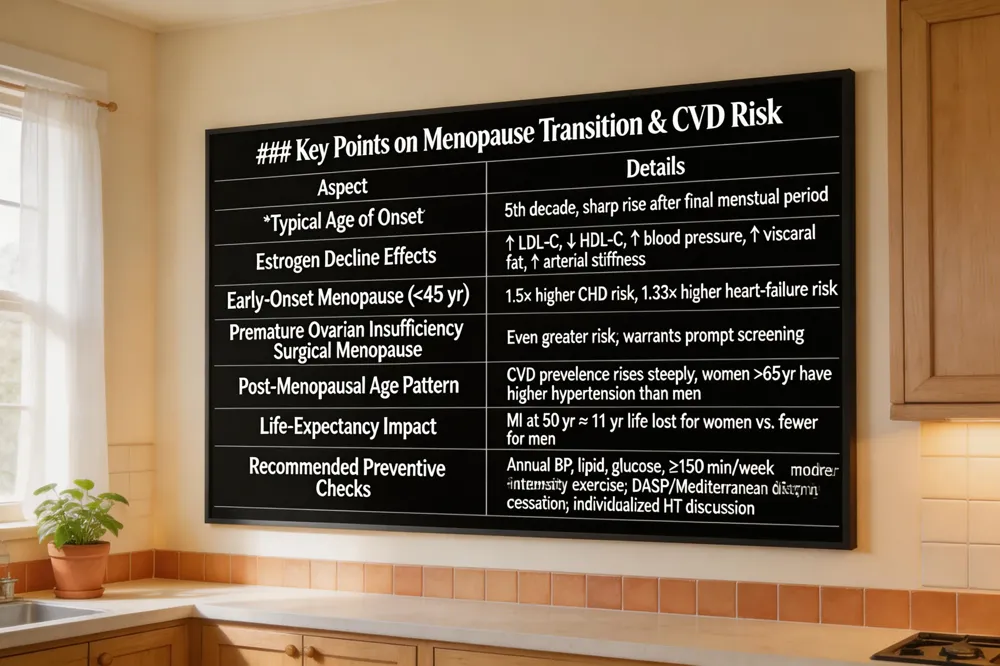### Key Points on Menopause Transition & CVD Risk
| Aspect | Details |
|---|---|
| Typical Age of Onset | 5th decade; sharp rise after final menstrual period |
| Estrogen Decline Effects | ↑ LDL‑C, ↓ HDL‑C, ↑ blood pressure, ↑ visceral fat, ↑ arterial stiffness |
| Early‑Onset Menopause (<45 yr) | 1.5× higher CHD risk, 1.33× higher heart‑failure risk |
| Premature Ovarian Insufficiency / Surgical Menopause | Even greater risk; warrants prompt screening |
| Post‑Menopausal Age Pattern | CVD prevalence rises steeply; women >65 yr have higher hypertension than men |
| Life‑Expectancy Impact | MI at 50 yr ≈ 11 yr life lost for women vs. fewer for men |
| Recommended Preventive Checks | Annual BP, lipid, glucose; ≥150 min/week moderate‑intensity exercise; DASH/Mediterranean diet; smoking cessation; individualized HT discussion |
