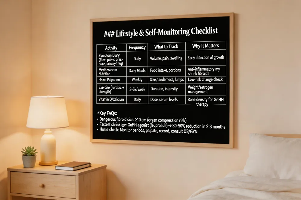 ### Lifestyle & Self‑Monitoring Checklist
| Activity | Frequency | What to Track | Why It Matters |
|---|---|---|---|
| Symptom Diary (menstrual flow, pelvic pressure, urinary frequency) | Daily | Volume, pain level, any new swelling | Early detection of growth or worsening |
| Nutrition (Mediterranean‑style: leafy greens, berries, green tea, probiotic yogurt, eggs, omega‑3 fish, nuts) | Daily meals | Food intake, portion size | Antioxidants & anti‑inflammatory compounds may modestly shrink fibroids |
| Home Palpation (gentle abdominal exam) | Weekly | Size, tenderness, any new lumps | Simple, low‑risk way to sense changes |
| Exercise (moderate aerobic + strength) | 3‑5 times/week | Duration, intensity | Supports weight management and reduces estrogen excess |
| Vitamin D & Calcium supplementation (if deficient) | Daily | Dose, serum levels | Helps maintain bone density during GnRH therapy |
Key FAQs:
- Dangerous fibroid size: ≥ 10 cm (high risk of organ compression, severe symptoms).
- Fastest shrinkage method: Short‑term GnRH agonist (leuprolide) → 30‑50 % volume reduction in 2‑3 months.
- Home check: Monitor heavy periods, perform gentle palpation, record any changes, and discuss with OB/GYN for imaging confirmation.