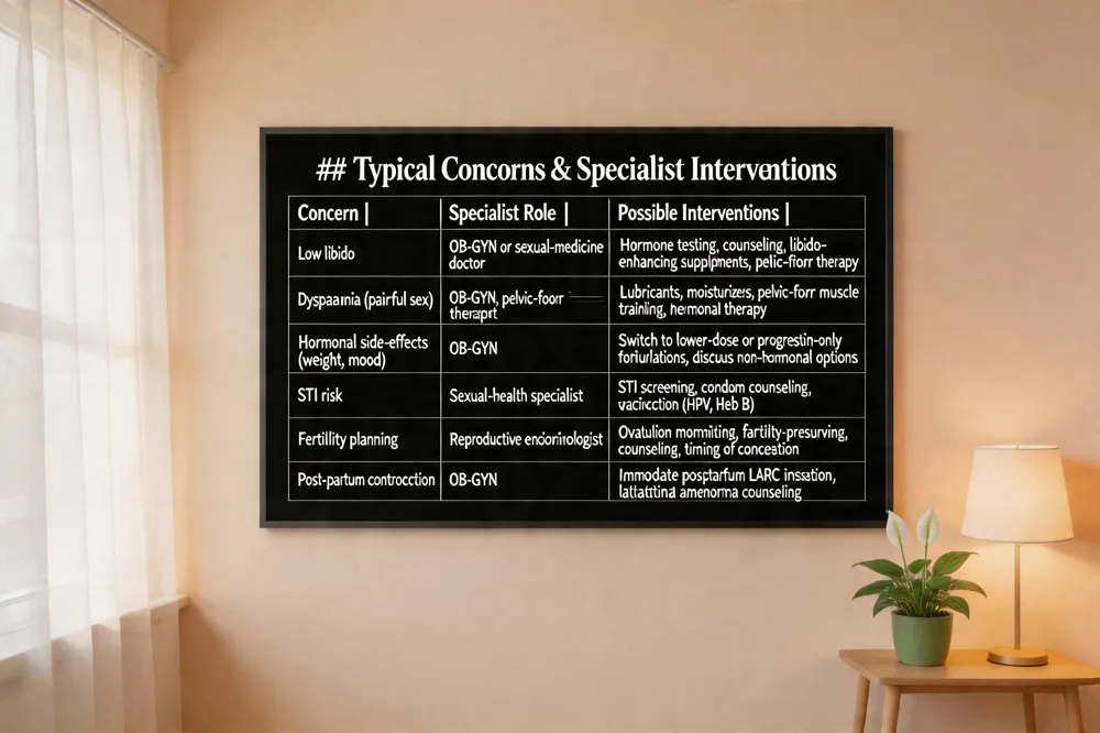 ### Typical Concerns & Specialist Interventions
| Concern | Specialist Role | Possible Interventions |
|---|---|---|
| Low libido | OB‑GYN or sexual‑medicine doctor | Hormone testing, counseling, libido‑enhancing supplements, pelvic‑floor therapy |
| Dyspareunia (painful sex) | OB‑GYN, pelvic‑floor therapist | Lubricants, moisturizers, pelvic‑floor muscle training, hormonal therapy |
| Hormonal side‑effects (weight, mood) | OB‑GYN | Switch to lower‑dose or progestin‑only formulations, discuss non‑hormonal options |
| STI risk | Sexual‑health specialist | STI screening, condom counseling, vaccination (HPV, Hep B) |
| Fertility planning | Reproductive endocrinologist | Ovulation monitoring, fertility‑preserving counseling, timing of conception |
| Post‑partum contraception | OB‑GYN | Immediate postpartum LARC insertion, lactational amenorrhea counseling |

