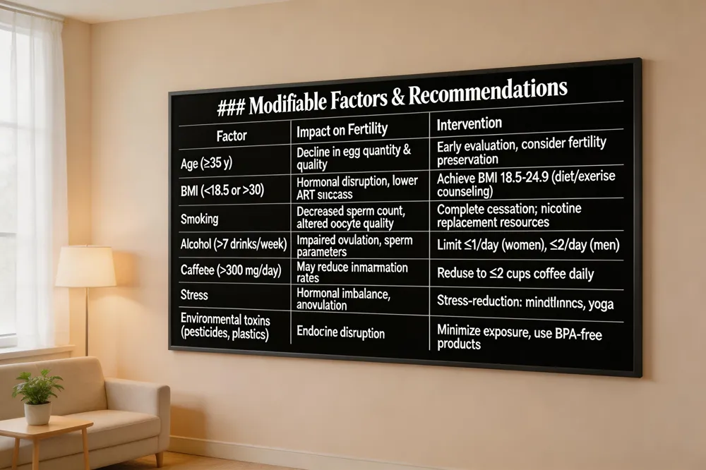 ### Modifiable Factors & Recommendations
| Factor | Impact on Fertility | Intervention |
|---|---|---|
| Age (≥35 y) | Decline in egg quantity & quality | Early evaluation, consider fertility preservation |
| BMI (<18.5 or >30) | Hormonal disruption, lower ART success | Achieve BMI 18.5‑24.9 through diet/exercise counseling |
| Smoking | Decreased sperm count, altered oocyte quality | Complete cessation; offer nicotine replacement resources |
| Alcohol (>7 drinks/week) | Impaired ovulation, sperm parameters | Limit to ≤1 drink/day for women, ≤2 drinks/day for men |
| Caffeine (>300 mg/day) | May reduce implantation rates | Reduce to ≤2 cups coffee daily |
| Stress | Hormonal imbalance, anovulation | Stress‑reduction techniques (mindfulness, yoga) |
| Environmental toxins (pesticides, plastics) | Endocrine disruption | Minimize exposure, use BPA‑free products |
