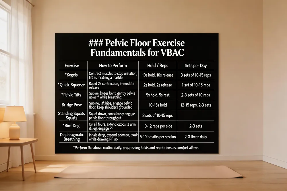 ### Pelvic Floor Exercise Fundamentals for VBAC
| Exercise | How to Perform | Hold / Reps | Sets per Day | |----------|----------------|------------|--------------| | Kegels | Contract muscles used to stop urination; lift as if raising a marble | 10 s hold, 10 s release | 3 sets of 10‑15 reps | | Quick‑Squeeze | Rapid 2 s contraction, immediate release | 2 s hold, 2 s release | 1 set of 10‑15 reps | | Pelvic Tilts | Supine, knees bent; gently tilt pelvis upward while breathing | 5 s hold, 5 s rest | 2‑3 sets of 10 reps | | Bridge Pose | Supine, lift hips, engage pelvic floor, keep shoulders grounded | 10‑15 s hold | 12‑15 reps, 2‑3 sets | | Standing Squats (with PF activation) | Squat down, consciously engage pelvic floor throughout | 3 sets of 10‑15 reps | | Bird‑Dog | On all fours, extend opposite arm & leg, engage PF | 10‑12 reps per side, 2‑3 sets | | Diaphragmatic Breathing | Inhale deep, expand abdomen; exhale while gently drawing PF up | 5‑10 breaths per session, 2‑3 times daily |
Perform the above routine daily, progressing holds and repetitions as comfort allows.