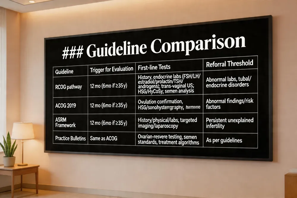 ### Guideline Comparison
| Guideline | Trigger for Evaluation | First‑line Tests | Referral Threshold |
|---|---|---|---|
| RCOG systematic assessment pathway | 12 mo (6 mo if ≥35 y) | History, physical, baseline endocrine labs (FSH, LH, estradiol, prolactin, TSH, androgens); trans‑vaginal US; HSG/HyCoSy; semen analysis | Abnormal labs, tubal disease, endocrine disorders |
| ACOG Practice Bulletin (2019) | 12 mo (6 mo if ≥35 y) | Ovulation confirmation (mid‑luteal progesterone or LH surge), HSG or sonohysterography, basic hormone panel | Any abnormal finding, high‑risk factors |
| ASRM best‑practice framework | 12 mo (6 mo if ≥35 y) | Detailed history, physical, basic labs; then targeted imaging or laparoscopy for irregular cycles, known tubal disease, or risk factors | Persistent unexplained infertility after stepwise work‑up |
| Practice bulletin & PDF resources | Same as ACOG | Tables on ovarian‑reserve testing, semen analysis standards, treatment algorithms | As per guideline recommendations |

