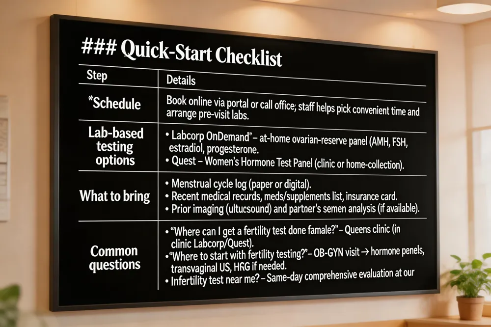 ### Quick‑Start Checklist
| Step | Details |
|---|---|
| Schedule | Book online via portal or call office; staff helps pick convenient time and arrange pre‑visit labs. |
| Lab‑based testing options | • Labcorp OnDemand – at‑home ovarian‑reserve panel (AMH, FSH, estradiol, progesterone).<br>• Quest – Women’s Hormone Test Panel (clinic or home‑collection). |
| What to bring | • Menstrual cycle log (paper or digital).<br>• Recent medical records, meds/supplements list, insurance card.<br>• Prior imaging (ultrasound) and partner’s semen analysis (if available). |
| Common questions | • Where can I get a fertility test done female? – Queens clinic (in‑clinic Labcorp/Quest).<br>• Where to start with fertility testing? – OB‑GYN visit → hormone panels, transvaginal US, HSG if needed.<br>• Infertility test near me? – Same‑day comprehensive evaluation at our Queens location. |