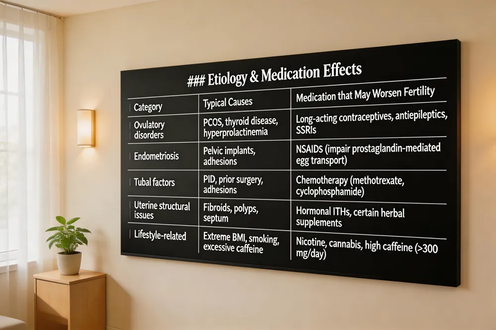 ### Etiology & Medication Effects
| Category | Typical Causes | Medication that May Worsen Fertility |
|---|---|---|
| Ovulatory disorders | PCOS, thyroid disease, hyperprolactinemia | Long‑acting contraceptives, antiepileptics, SSRIs |
| Endometriosis | Pelvic implants, adhesions | NSAIDs (impair prostaglandin‑mediated egg transport) |
| Tubal factors | PID, prior surgery, adhesions | Chemotherapy (methotrexate, cyclophosphamide) |
| Uterine structural issues | Fibroids, polyps, septum | Hormonal ITHs, certain herbal supplements |
| Lifestyle‑related | Extreme BMI, smoking, excessive caffeine | Nicotine, cannabis, high caffeine (>300 mg/day) |

