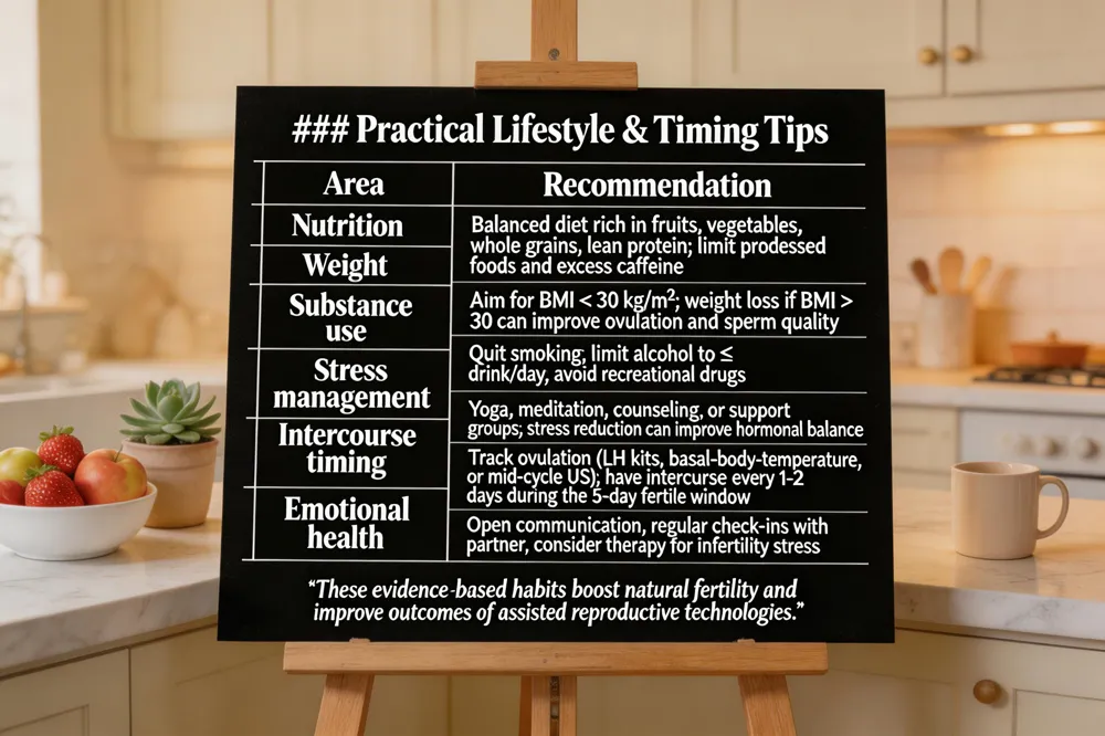### Practical Lifestyle & Timing Tips
| Area | Recommendation |
|---|---|
| Nutrition | Balanced diet rich in fruits, vegetables, whole grains, lean protein; limit processed foods and excess caffeine |
| Weight | Aim for BMI < 30 kg/m²; weight loss if BMI > 30 can improve ovulation and sperm quality |
| Substance use | Quit smoking; limit alcohol to ≤ 1 drink/day; avoid recreational drugs |
| Stress management | Yoga, meditation, counseling, or support groups; stress reduction can improve hormonal balance |
| Intercourse timing | Track ovulation (LH kits, basal‑body‑temperature, or mid‑cycle US); have intercourse every 1‑2 days during the 5‑day fertile window |
| Emotional health | Open communication, regular check‑ins with partner, consider therapy specialized coping with infertility stress |
These evidence‑based habits boost natural fertility and improve outcomes of assisted reproductive technologies.