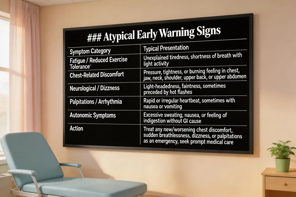 ### Atypical Early Warning Signs
| Symptom Category | Typical Presentation |
|---|---|
| Fatigue / Reduced Exercise Tolerance | Unexplained tiredness, shortness of breath with light activity |
| Chest‑Related Discomfort | Pressure, tightness, or burning feeling in chest, jaw, neck, shoulder, upper back, or upper abdomen |
| Neurological / Dizziness | Light‑headedness, faintness, sometimes preceded by hot flashes |
| Palpitations / Arrhythmia | Rapid or irregular heartbeat, sometimes with nausea or vomiting |
| Autonomic Symptoms | Excessive sweating, nausea, or feeling of indigestion without GI cause |
| Action | Treat any new/worsening chest discomfort, sudden breathlessness, dizziness, or palpitations as an emergency; seek prompt medical care |

