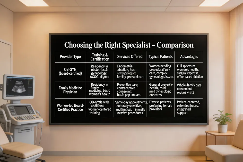 Choosing the Right Specialist – Comparison
| Provider Type | Training & Certification | Services Offered | Typical Patients | Advantages |
|---|---|---|---|---|
| OB‑GYN (board‑certified) | Residency in obstetrics & gynecology, ACOG‑aligned | Endometrial ablation, hysteroscopy, surgery, fertility, prenatal care | Women needing procedural or surgical care, complex gynecologic issues | Full spectrum of women’s health, surgical expertise, ability to perform office‑based ablation |
| Family Medicine Physician | Residency in family medicine, basic women’s health | Preventive care, contraceptive counseling, basic pap smears | General preventive health, mild gynecologic concerns | Whole‑family care, convenient for routine visits |
| Women‑led Board‑Certified Practice | OB‑GYNs with additional training in women‑centered care | Same‑day appointments, culturally sensitive care, multilingual staff, minimally invasive procedures | Diverse patient population, those preferring female provider | Patient‑centered environment, often extended hours, integrated support services |
