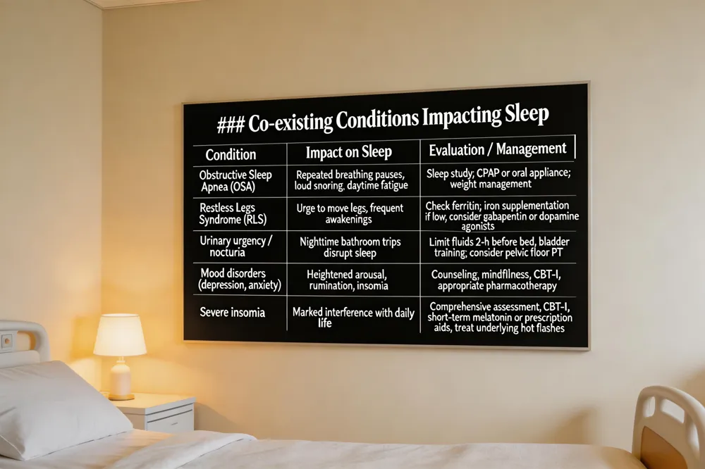 ### Co‑existing Conditions Impacting Sleep
| Condition | Impact on Sleep | Evaluation / Management |
|---|---|---|
| Obstructive Sleep Apnea (OSA) | Repeated breathing pauses, loud snoring, daytime fatigue | Sleep study; CPAP or oral appliance; weight management |
| Restless Legs Syndrome (RLS) | Urge to move legs, frequent awakenings | Check ferritin; iron supplementation if low; consider gabapentin or dopamine agonists |
| Urinary urgency / nocturia | Nighttime bathroom trips disrupt sleep | Limit fluids 2‑h before bed; bladder training; consider pelvic floor PT |
| Mood disorders (depression, anxiety) | Heightened arousal, rumination, insomnia | Counseling, mindfulness, CBT‑I, appropriate pharmacotherapy |
| Severe insomnia (persistent inability to sleep) | Marked interference with daily life | Comprehensive assessment; CBT‑I, short‑term melatonin or prescription aids, treat underlying hot flashes |
