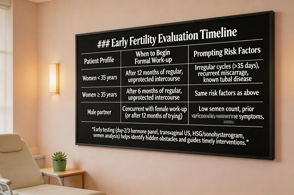 ### Early Fertility Evaluation Timeline
| Patient Profile | When to Begin Formal Work‑up | Prompting Risk Factors |
|---|---|---|
| Women < 35 years | After 12 months of regular, unprotected intercourse | Irregular cycles (>35 days), recurrent miscarriage, known tubal disease |
| Women ≥ 35 years | After 6 months of regular, unprotected intercourse | Same risk factors as above |
| Male partner | Concurrent with female work‑up (or after 12 months of trying) | Low semen count, prior varicocele, endocrine symptoms |
Early testing (day‑2/3 hormone panel, transvaginal US, HSG/sonohysterogram, semen analysis) helps identify hidden obstacles and guides timely interventions.