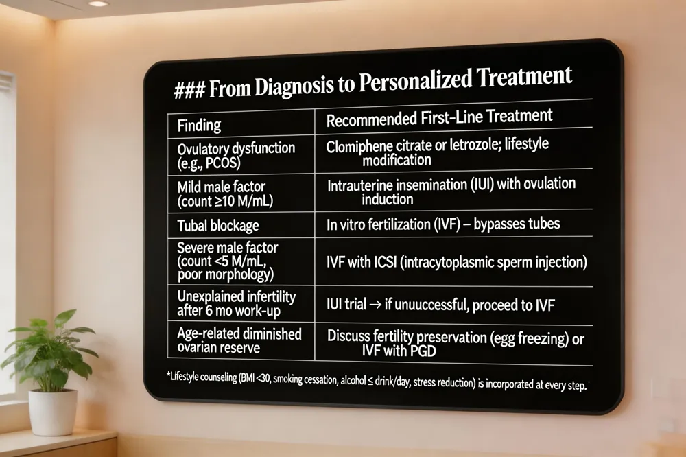 ### From Diagnosis to Personalized Treatment
| Finding | Recommended First‑Line Treatment |
|---|---|
| Ovulatory dysfunction (e.g., PCOS) | Clomiphene citrate or letrozole; lifestyle modification |
| Mild male factor (count ≥ 10 M/mL) | Intrauterine insemination (IUI) with ovulation induction |
| Tubal blockage | In vitro fertilization (IVF) – bypasses tubes |
| Severe male factor (count < 5 M/mL, poor morphology) | IVF with ICSI (intracytoplasmic sperm injection) |
| Unexplained infertility after 6 mo work‑up | IUI trial → if unsuccessful, proceed to IVF |
| Age‑related diminished ovarian reserve | Discuss fertility preservation (egg freezing) or IVF with PGD |
Lifestyle counseling (BMI < 30, smoking cessation, alcohol ≤ 1 drink/day, stress reduction) is incorporated at every step.