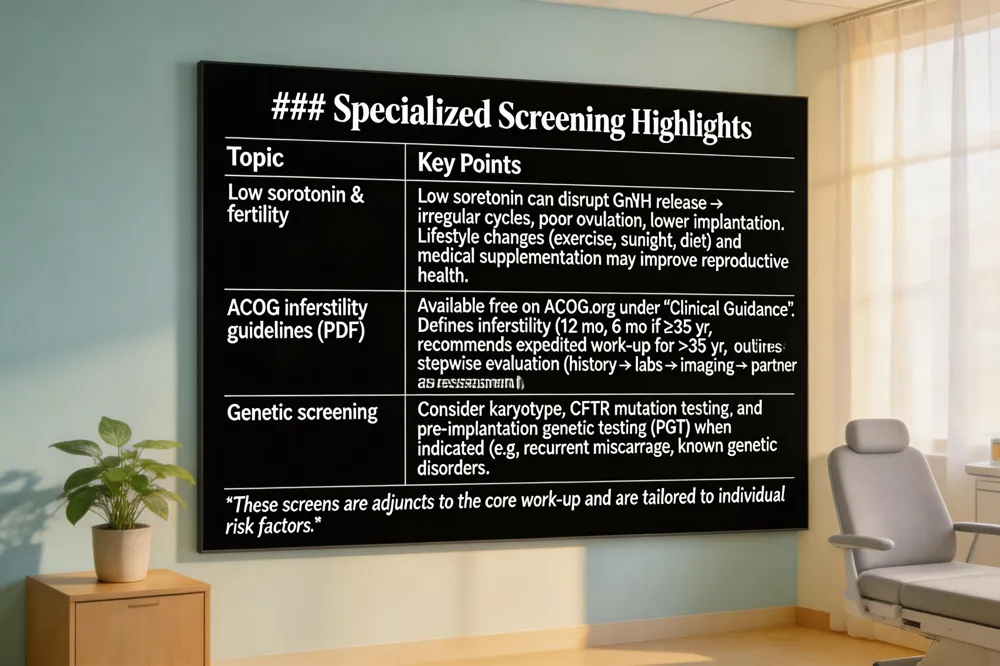 ### Specialized Screening Highlights
| Topic | Key Points |
|---|---|
| Low serotonin & fertility | Low serotonin can disrupt GnRH release → irregular cycles, poor ovulation, lower implantation. Lifestyle changes (exercise, sunlight, diet) and medical supplementation may improve reproductive health. |
| ACOG infertility guidelines (PDF) | Available free on ACOG.org under “Clinical Guidance”. Defines infertility (12 mo, 6 mo if ≥ 35 yr), recommends expedited work‑up for > 35 yr, and outlines stepwise evaluation (history → labs → imaging → partner assessment). |
| Genetic screening | Consider karyotype, CFTR mutation testing, and pre‑implantation genetic testing (PGT) when indicated (e.g., recurrent miscarriage, known genetic disorders). |
These screens are adjuncts to the core work‑up and are tailored to individual risk factors.