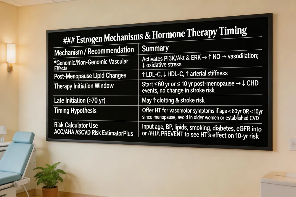 ### Estrogen Mechanisms & Hormone Therapy Timing
| Mechanism / Recommendation | Summary |
|---|---|
| Genomic/Non‑Genomic Vascular Effects | Activates PI3K/Akt & ERK → ↑ NO → vasodilation; ↓ oxidative stress |
| Post‑Menopause Lipid Changes | ↑ LDL‑C, ↓ HDL‑C, ↑ arterial stiffness |
| Therapy Initiation Window | Start ≤ 60 yr or ≤ 10 yr post‑menopause → ↓ CHD events, no change in stroke risk |
| Late Initiation (>70 yr) | May ↑ clotting & stroke risk |
| Timing Hypothesis | Offer HT for vasomotor symptoms if age < 60 yr OR < 10 yr since menopause; avoid in older women or established CVD |
| Risk Calculator Use | Input age, BP, lipids, smoking, diabetes, eGFR into ACC/AHA ASCVD Risk Estimator Plus or AHA PREVENT to see HT’s effect on 10‑yr risk |
