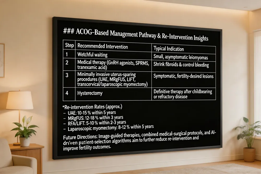 ### ACOG‑Based Management Pathway & Re‑Intervention Insights
| Step | Recommended Intervention | Typical Indication |
|---|---|---|
| 1 | Watchful waiting | Small, asymptomatic leiomyomas |
| 2 | Medical therapy (GnRH agonists, SPRMs, tranexamic acid) | Shrink fibroids & control bleeding |
| 3 | Minimally invasive uterus‑sparing procedures (UAE, MRgFUS, LIFT, transcervical/laparoscopic myomectomy) | Symptomatic, fertility‑desired lesions |
| 4 | Hysterectomy | Definitive therapy after childbearing or refractory disease |
Re‑intervention Rates (approx.)
- UAE: 10‑15 % within 5 years
- MRgFUS: 12‑18 % within 3 years
- RFA/LIFT: 5‑10 % within 2‑3 years
- Laparoscopic myomectomy: 8‑12 % within 5 years
Future Directions: Image‑guided therapies, combined medical‑surgical protocols, and AI‑driven patient‑selection algorithms aim to further reduce re‑intervention and improve fertility outcomes.