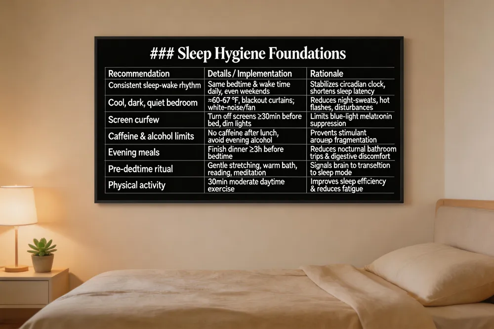 ### Sleep Hygiene Foundations
| Recommendation | Details / Implementation | Rationale |
|---|---|---|
| Consistent sleep‑wake rhythm | Same bedtime & wake time daily, even weekends | Stabilizes circadian clock, shortens sleep latency |
| Cool, dark, quiet bedroom | Temperature ≈60‑67 °F; blackout curtains; white‑noise or fan | Reduces night‑sweats, hot flashes, and external disturbances |
| Screen curfew | Turn off screens ≥30 min before bed; dim lights | Limits blue‑light melatonin suppression |
| Caffeine & alcohol limits | No caffeine after lunch; avoid evening alcohol | Prevents stimulant‑induced arousal and sleep fragmentation |
| Evening meals | Finish dinner ≥3 h before bedtime | Reduces nocturnal bathroom trips and digestive discomfort |
| Pre‑bedtime ritual | Gentle stretching, warm bath, reading, or meditation | Signals brain to transition to sleep mode |
| Physical activity | Moderate daytime exercise (30 min) | Improves sleep efficiency and reduces fatigue |
