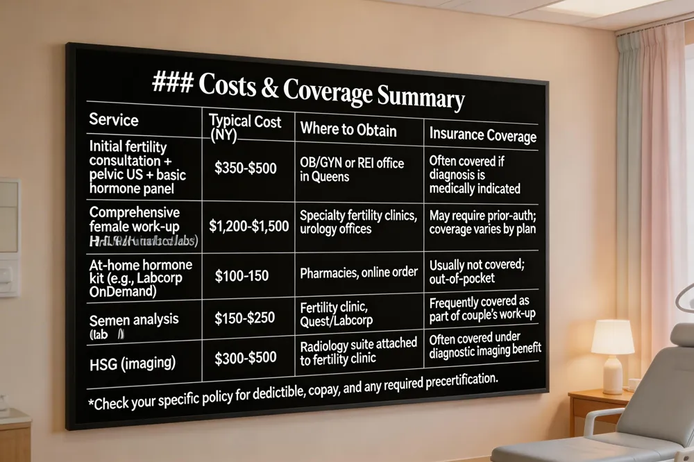 ### Costs & Coverage Summary
| Service | Typical Cost (NY) | Where to Obtain | Insurance Coverage |
|---|---|---|---|
| Initial fertility consultation + pelvic US + basic hormone panel | $350‑$500 | OB/GYN or REI office in Queens | Often covered if diagnosis is medically indicated |
| Comprehensive female work‑up (adds HSG, advanced labs) | $1,200‑$1,500 | Specialty fertility clinics, urology offices | May require prior‑auth; coverage varies by plan |
| At‑home hormone kit (e.g., Labcorp OnDemand) | $100‑$150 | Pharmacies, online order | Usually not covered; out‑of‑pocket |
| Semen analysis (lab) | $150‑$250 | Fertility clinic, Quest/Labcorp | Frequently covered as part of couple’s work‑up |
| HSG (imaging) | $300‑$500 | Radiology suite attached to fertility clinic | Often covered under diagnostic imaging benefit |
Check your specific policy for deductible, copay, and any required precertification.