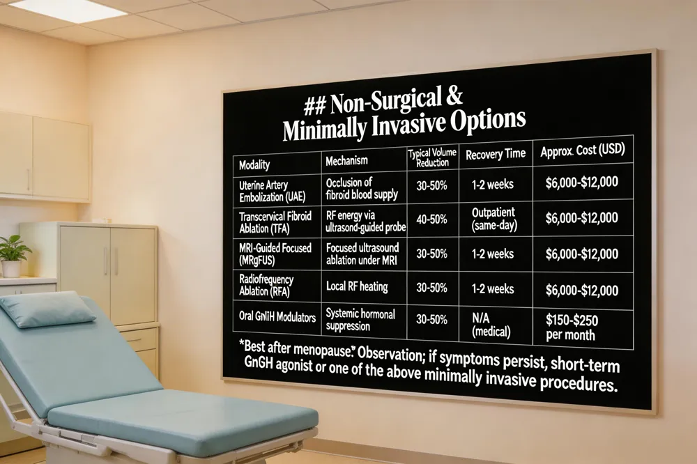 ### Non‑Surgical & Minimally Invasive Options
| Modality | Mechanism | Typical Volume Reduction | Recovery Time | Approx. Cost (USD) |
|---|---|---|---|---|
| Uterine Artery Embolization (UAE) | Occlusion of fibroid blood supply | 30‑50 % | 1‑2 weeks | $6,000‑$12,000 |
| Transcervical Fibroid Ablation (TFA) | RF energy via ultrasound‑guided probe | 40‑50 % | Outpatient (same‑day) | $6,000‑$12,000 |
| MRI‑Guided Focused Ultrasound (MRgFUS) | Focused ultrasound ablation under MRI | 30‑50 % | 1‑2 weeks | $6,000‑$12,000 |
| Radiofrequency Ablation (RFA) – transcervical or laparoscopic | Local RF heating | 30‑50 % | 1‑2 weeks | $6,000‑$12,000 |
| Oral GnRH Modulators (e.g., Oriahnn, Myfembree) | Systemic hormonal suppression | 30‑50 % (short‑term) | N/A (medical) | $150‑$250 per month |
Best after menopause: Observation; if symptoms persist, short‑term GnRH agonist or one of the above minimally invasive procedures.