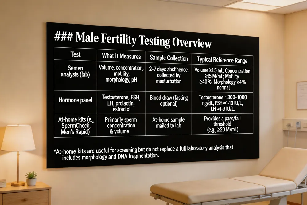 ### Male Fertility Testing Overview
| Test | What It Measures | Sample Collection | Typical Reference Range |
|---|---|---|---|
| Semen analysis (lab) | Volume, concentration, motility, morphology, pH | 2‑7 days abstinence, collected by masturbation | Volume ≥ 1.5 mL; Concentration ≥ 15 M/mL; Motility ≥ 40 %; Morphology ≥ 4 % normal |
| Hormone panel | Testosterone, FSH, LH, prolactin, estradiol | Blood draw (fasting optional) | Testosterone ≈ 300‑1000 ng/dL; FSH ≈ 1‑10 IU/L; LH ≈ 1‑9 IU/L |
| At‑home kits (e.g., SpermCheck, Men’s Rapid) | Primarily sperm concentration & volume | At‑home sample mailed to lab | Provides a pass/fail threshold (e.g., ≥ 20 M/mL) |
At‑home kits are useful for screening but do not replace a full laboratory analysis that includes morphology and DNA fragmentation.