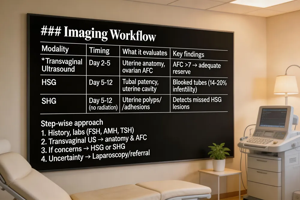 ### Imaging Workflow
| Modality | Timing | What it evaluates | Key findings |
|---|---|---|---|
| Transvaginal Ultrasound | Early follicular phase (Day 2‑5) | Uterine anatomy, ovarian AFC, cysts, fibroids | AFC > 7 → adequate reserve; abnormal anatomy → further work‑up |
| Hysterosalpingogram (HSG) | Cycle days 5‑12 | Tubal patency, uterine cavity via X‑ray | Blocked tubes (14‑20 % of infertility) |
| Sonohysterogram (SHG) | Same window as HSG, radiation‑free | Detailed uterine cavity (polyps, adhesions) | Detects intra‑uterine lesions missed on HSG |
Step‑wise approach
- History, physical, labs (FSH, AMH, TSH, progesterone).
- Transvaginal US → anatomy & AFC.
- If US raises tubal/uterine concerns → HSG or SHG.
- If persistent uncertainty → laparoscopy or specialist referral.