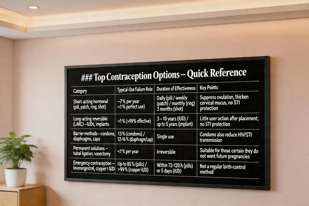 ### Top Contraception Options – Quick Reference
| Category | Typical‑Use Failure Rate | Duration of Effectiveness | Key Points |
|---|---|---|---|
| Short‑acting hormonal (pill, patch, ring, shot) | ~7 % per year (‑ < 1 % with perfect use) | Daily (pill) / weekly (patch) / monthly (ring) / 3 months (shot) | Suppress ovulation, thicken cervical mucus; no STI protection |
| Long‑acting reversible (LARC) – IUDs, implants | <1 % ( >99 % effective) | 3 – 10 years (IUD) / up to 5 years (implant) | Little user action after placement; no STI protection |
| Barrier methods – condoms, diaphragms, caps | 13 % (condoms) / 12‑16 % (diaphragm/cap) | Single use | Condoms also reduce HIV/STI transmission |
| Permanent solutions – tubal ligation, vasectomy | <1 % per year | Irreversible | Suitable for those certain they do not want future pregnancies |
| Emergency contraception – levonorgestrel, ulipristal, copper IUD | Up to 85 % (pills) / >99 % (copper IUD) | Within 72‑120 h (pills) or 5 days (IUD) | Not a regular birth‑control method |
