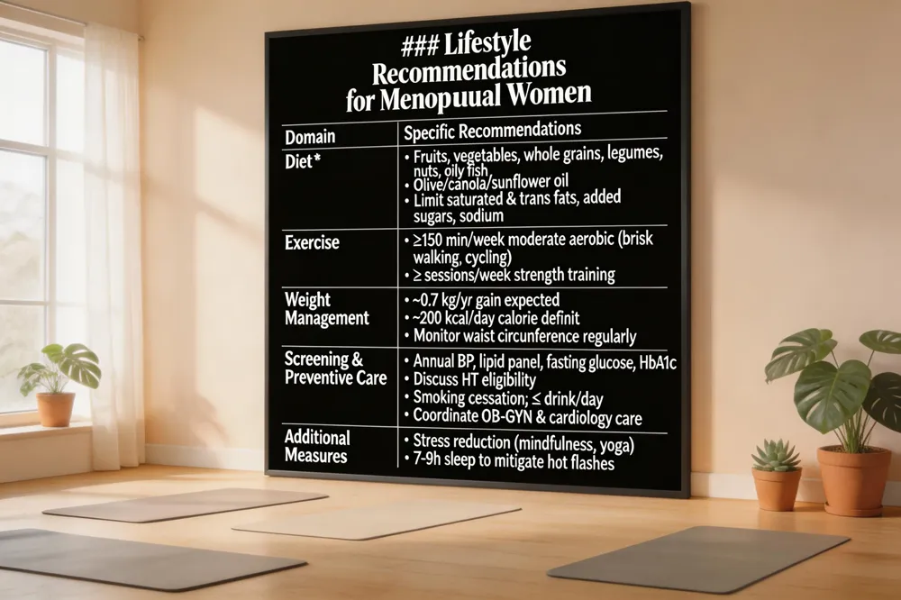 ### Lifestyle Recommendations for Menopausal Women
| Domain | Specific Recommendations |
|---|---|
| Diet | • Emphasize fruits, vegetables, whole grains, legumes, nuts, seeds, oily fish <br>• Use olive/canola/sunflower oil <br>• Limit saturated & trans fats, added sugars, sodium |
| Exercise | • ≥150 min/week moderate‑intensity aerobic activity (e.g., brisk walking, cycling) <br>• Include ≥2 sessions/week of strength training to preserve muscle mass |
| Weight Management | • Expect ~0.7 kg/yr gain, especially visceral <br>• Aim for modest calorie deficit (~200 kcal/day) <br>• Monitor waist circumference regularly |
| Screening & Preventive Care | • Annual BP, lipid panel, fasting glucose, HbA1c <br>• Discuss HT eligibility (timing hypothesis) <br>• Smoking cessation; limit alcohol ≤ 1 drink/day <br>• Coordinate OB‑GYN & cardiology care |
| Additional Measures | • Stress reduction (mindfulness, yoga) <br>• Adequate sleep (7‑9 h) to mitigate hot flashes & metabolic impact |
