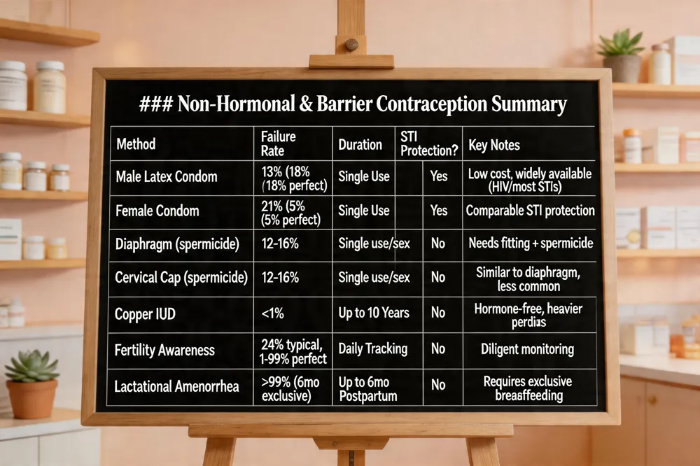 ### Non‑Hormonal & Barrier Contraception Summary
| Method | Typical‑Use Failure Rate | Duration | STI Protection? | Key Notes |
|---|---|---|---|---|
| Male latex condom | 13 % (18 % perfect) | Single use | Yes (HIV, most STIs) | Widely available, low cost |
| Female condom | 21 % (5 % perfect) | Single use | Yes | Slightly lower efficacy, but comparable STI protection |
| Diaphragm (with spermicide) | 12‑16 % | Single use per intercourse | No | Requires fitting; must be used with spermicide |
| Cervical cap (with spermicide) | 12‑16 % | Single use per intercourse | No | Similar to diaphragm; less common |
| Copper IUD | <1 % | Up to 10 years | No | Hormone‑free, may cause heavier periods |
| Fertility‑awareness (natural methods) | 24 % typical, 1‑99 % with perfect | Daily tracking | No | Requires diligent monitoring; no STI protection |
| Lactational amenorrhea (breastfeeding) | >99 % (first 6 months, exclusive) | Up to 6 months postpartum | No | Dependent on exclusive breastfeeding and timing |
