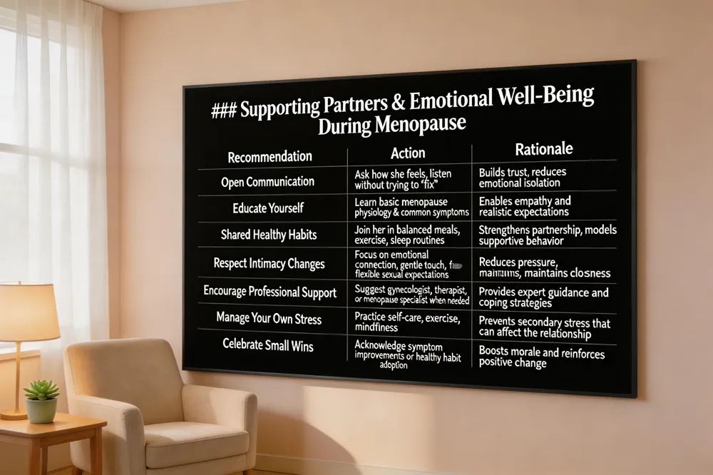 ### Supporting Partners & Emotional Well‑Being During Menopause
| Recommendation | Action | Rationale |
|---|---|---|
| Open Communication | Ask how she feels, listen without trying to “fix” | Builds trust, reduces emotional isolation |
| Educate Yourself | Learn basic menopause physiology & common symptoms | Enables empathy and realistic expectations |
| Shared Healthy Habits | Join her in balanced meals, exercise, sleep routines | Strengthens partnership, models supportive behavior |
| Respect Intimacy Changes | Focus on emotional connection, gentle touch, flexible sexual expectations | Reduces pressure, maintains closeness |
| Encourage Professional Support | Suggest gynecologist, therapist, or menopause specialist when needed | Provides expert guidance and coping strategies |
| Manage Your Own Stress | Practice self‑care, exercise, mindfulness | Prevents secondary stress that can affect the relationship |
| Celebrate Small Wins | Acknowledge symptom improvements or healthy habit adoption | Boosts morale and reinforces positive change |
