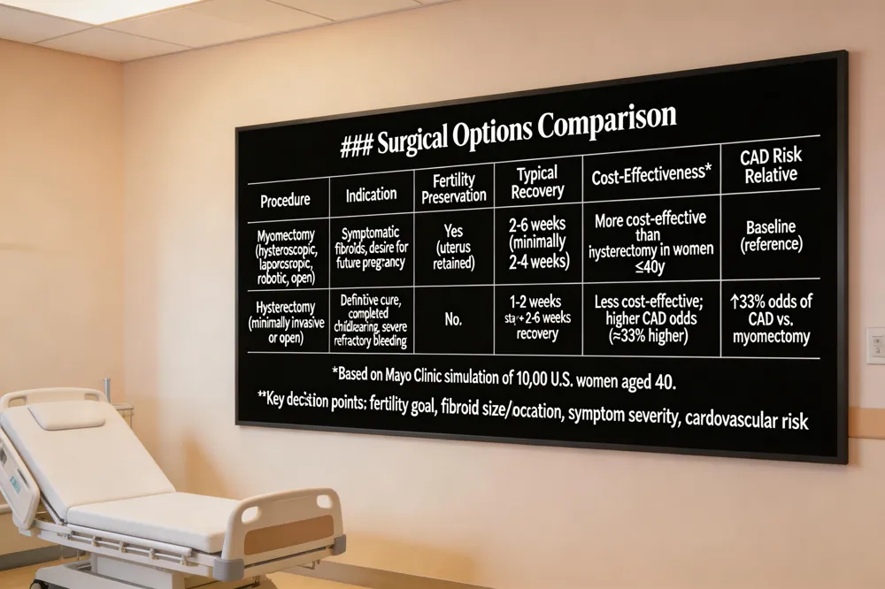 ### Surgical Options Comparison
| Procedure | Indication | Fertility Preservation | Typical Recovery | Cost‑Effectiveness* | CAD Risk Relative |
|---|---|---|---|---|---|
| Myomectomy (hysteroscopic, laparoscopic, robotic, open) | Symptomatic fibroids, desire for future pregnancy | Yes (uterus retained) | 2‑6 weeks (minimally invasive 2‑4 weeks) | More cost‑effective than hysterectomy in women ≤ 40 y | Baseline (reference) |
| Hysterectomy (minimally invasive or open) | Definitive cure, completed childbearing, severe refractory bleeding | No | 1‑2 weeks stay + 2‑6 weeks recovery | Less cost‑effective; higher CAD odds (≈33 % higher) | ↑ 33 % odds of CAD vs. myomectomy |
*Based on Mayo Clinic simulation of 10,000 U.S. women aged 40.
Key decision points: fertility goal, fibroid size/location, symptom severity, cardiovascular risk.