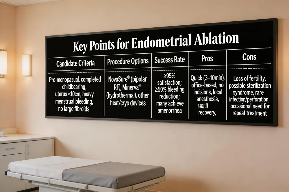 ExistingKey Points for Endometrial Ablation**
| Candidate Criteria | Procedure Options | Success Rate | Pros | Cons |
|---|---|---|---|---|
| Pre‑menopausal, completed childbearing, uterus <10 cm, heavy menstrual bleeding, no large fibroids | NovaSure® (bipolar RF), Minerva® (hydrothermal), other heat/cryo devices | ≥ 95 % satisfaction; ≥ 50 % bleeding reduction; many achieve amenorrhea | Quick (3–10 min), office‑based, no incisions, local anesthesia, rapid recovery | Loss of fertility, possible sterilization syndrome, rare infection/perforation, occasional need for repeat treatment |
