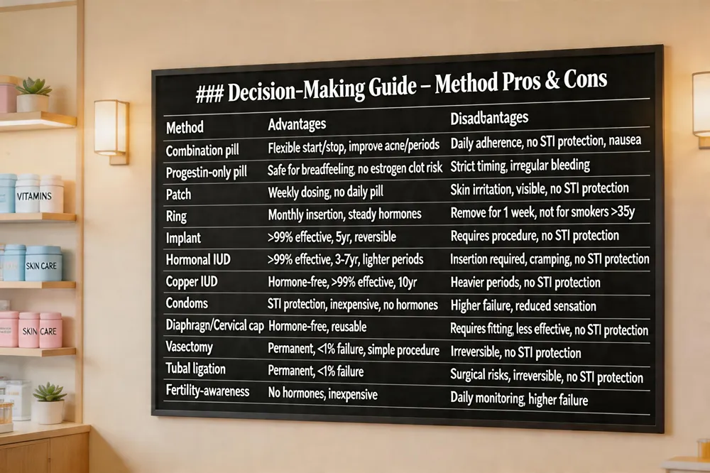 ### Decision‑Making Guide – Method Pros & Cons
| Method | Advantages | Disadvantages |
|---|---|---|
| Combination pill | Flexible start/stop, can improve acne, menstrual regulation | Daily adherence needed, no STI protection, possible nausea |
| Progestin‑only pill | Safe for breastfeeding, no estrogen‑related clot risk | Strict timing, may cause irregular bleeding |
| Patch | Weekly dosing, no daily pill | Skin irritation, visible, no STI protection |
| Ring | Monthly insertion, steady hormone levels | Must remove for a week, not for smokers >35 y |
| Implant | >99 % effective, 5‑year duration, reversible | Requires procedure, no STI protection |
| Hormonal IUD | >99 % effective, 3‑7 year duration, reduced menstrual bleeding | Insertion required, possible cramping, no STI protection |
| Copper IUD | Hormone‑free, >99 % effective, up to 10 years | May cause heavier periods, no STI protection |
| Condoms | STI protection, inexpensive, no hormones | Higher typical‑use failure, may reduce sensation |
| Diaphragm/Cervical cap | Hormone‑free, reusable | Requires fitting, less effective than condoms, no STI protection |
| Vasectomy | Permanent, <1 % failure, simple procedure | Irreversible (though reversal possible), no STI protection |
| Tubal ligation | Permanent, <1 % failure | Surgical risks, irreversible, no STI protection |
| Fertility‑awareness | No hormones, inexpensive | Requires daily monitoring, higher typical‑use failure |
