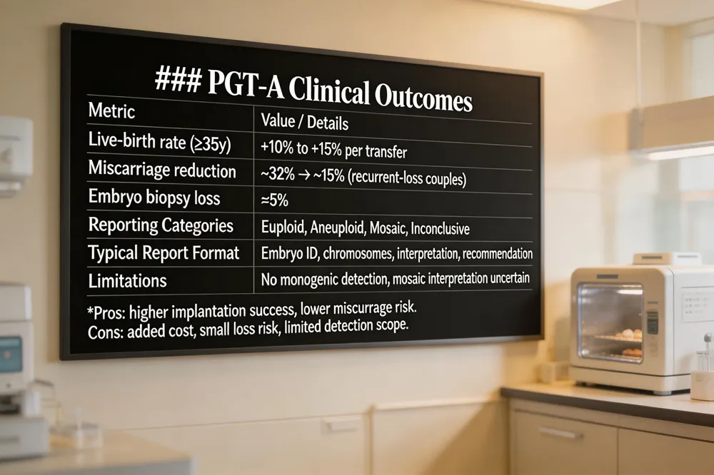 ### PGT‑A Clinical Outcomes
| Metric | Value / Details |
|---|---|
| Live‑birth rate increase (women ≥ 35 y) | +10 % to +15 % per transfer |
| Miscarriage rate reduction | From ~32 % to ~15 % in recurrent‑loss couples |
| Embryo loss due to biopsy | ≈5 % |
| Reporting categories | Euploid, Aneuploid, Mosaic, Inconclusive |
| Typical report format | Embryo ID, chromosome complement (e.g., 46,XY‑ 45,XX,‑14), interpretation, transfer recommendation |
| Limitations | Does not detect monogenic disorders; mosaicism interpretation uncertain |
Pros: higher implantation success, lower miscarriage risk. Cons: added cost, small loss risk, limited detection scope.