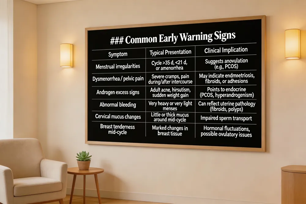 ### Common Early Warning Signs
| Symptom | Typical Presentation | Clinical Implication |
|---|---|---|
| Menstrual irregularities | Cycle >35 d, <21 d, or amenorrhea | Suggests anovulation (e.g., PCOS) |
| Dysmenorrhea / pelvic pain | Severe cramps, pain during/after intercourse | May indicate endometriosis, fibroids, or adhesions |
| Androgen excess signs | Adult acne, hirsutism, sudden weight gain | Points to endocrine disorders (PCOS, hyperandrogenism) |
| Abnormal bleeding | Very heavy or very light menses | Can reflect uterine pathology (fibroids, polyps) |
| Cervical mucus changes | Little or thick mucus around mid‑cycle | Impaired sperm transport |
| Breast tenderness mid‑cycle | Marked changes in breast tissue | Hormonal fluctuations, possible ovulatory issues |

