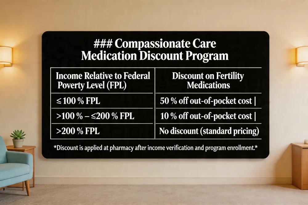 ### Compassionate Care Medication Discount Program
| Income Relative to Federal Poverty Level (FPL) | Discount on Fertility Medications |
|---|---|
| ≤ 100 % FPL | 50 % off out‑of‑pocket cost |
| > 100 % – ≤ 200 % FPL | 10 % off out‑of‑pocket cost |
| > 200 % FPL | No discount (standard pricing) |
Discount is applied at pharmacy after income verification and program enrollment.