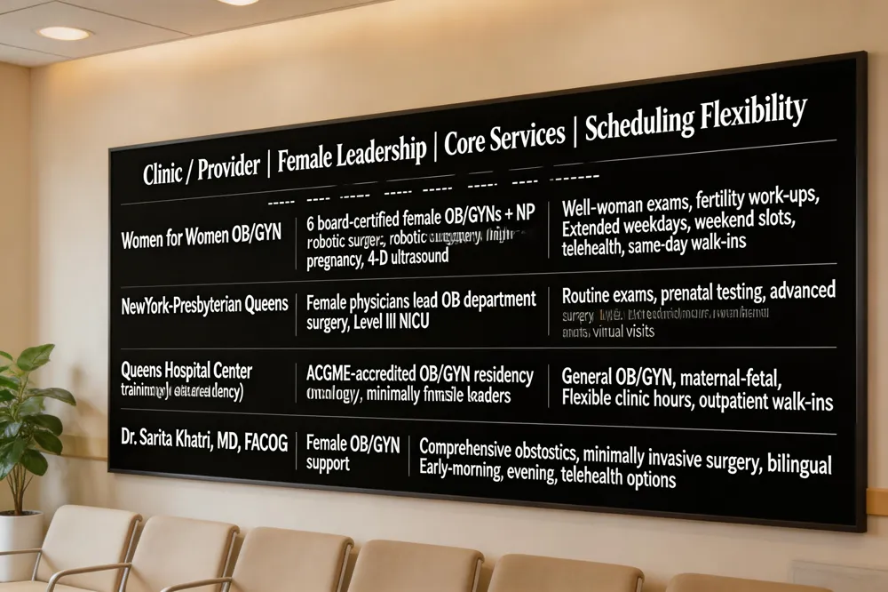 Clinic / Provider | Female Leadership | Core Services | Scheduling Flexibility |
|---|---|---|---|
| Women for Women OB/GYN | 6 board‑certified female OB/GYNs + NP | Well‑woman exams, fertility work‑ups, robotic surgery, high‑risk pregnancy, 4‑D ultrasound | Extended weekdays, weekend slots, telehealth, same‑day walk‑ins |
| NewYork‑Presbyterian Queens | Female physicians lead OB department | Routine exams, prenatal testing, advanced surgery, Level III NICU | Extended hours, weekend appointments, virtual visits |
| Queens Hospital Center (Residency) | ACGME‑accredited OB/GYN residency training female leaders | General OB/GYN, maternal‑fetal, oncology, minimally invasive surgery | Flexible clinic hours, outpatient walk‑ins |
| Dr. Sarita Khatri, MD, FACOG | Female OB/GYN | Comprehensive obstetrics, minimally invasive surgery, bilingual support | Early‑morning, evening, telehealth options