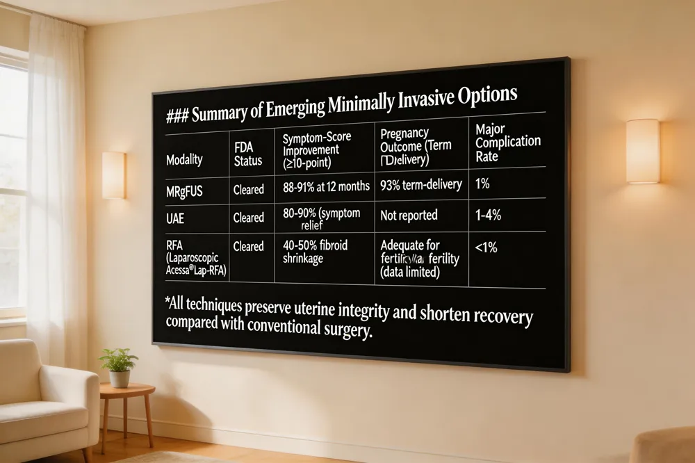 ### Summary of Emerging Minimally Invasive Options
| Modality | FDA Status | Symptom‑Score Improvement (≥10‑point) | Pregnancy Outcome (Term Delivery) | Major Complication Rate |
|---|---|---|---|---|
| MRgFUS | Cleared | 88‑91 % at 12 months | 93 % term‑delivery | 1 % |
| UAE | Cleared | 80‑90 % (symptom relief) | Not reported | 1‑4 % |
| RFA (Laparoscopic Acessa® Lap‑RFA) | Cleared | 40‑50 % fibroid shrinkage | Adequate for fertility (data limited) | <1 % |
All techniques preserve uterine integrity and shorten recovery compared with conventional surgery.
