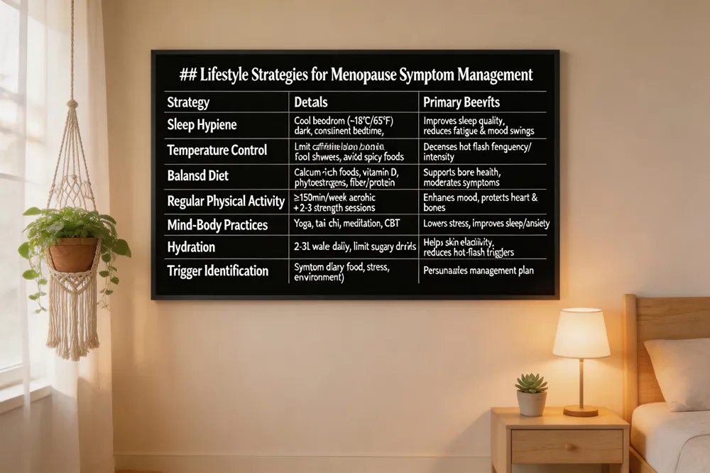 ### Lifestyle Strategies for Menopause Symptom Management
| Strategy | Details | Primary Benefits |
|---|---|---|
| Sleep Hygiene | Cool bedroom (~18 °C/65 °F), dark environment, consistent bedtime, limit caffeine/alcohol before bed | Improves sleep quality, reduces fatigue & mood swings |
| Temperature Control | Layered breathable clothing, fans, cool showers, avoid spicy foods | Decreases frequency/intensity of hot flashes |
| Balanced Diet | Calcium‑rich foods, vitamin D sources, phytoestrogen foods, high fiber, adequate protein | Supports bone health, moderates vasomotor symptoms |
| Regular Physical Activity | ≥150 min/week aerobic + 2–3 sessions strength/weight‑bearing | Enhances mood, maintains weight, protects heart & bones |
| Mind‑Body Practices | Yoga, tai chi, meditation, CBT | Lowers stress, improves sleep, reduces anxiety |
| Hydration | 2–3 L water daily, limit sugary drinks | Helps skin elasticity, reduces hot‑flash triggers |
| Trigger Identification | Keep symptom diary (food, stress, environment) | Personalizes management plan |
