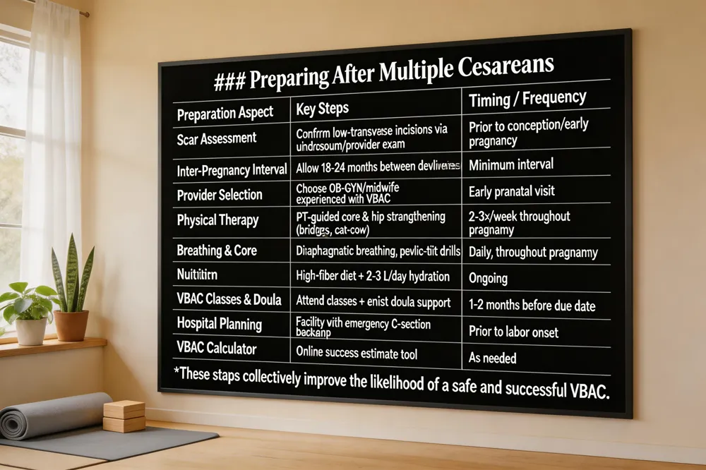 ### Preparing After Multiple Cesareans
| Preparation Aspect | Key Steps | Timing / Frequency |
|---|---|---|
| Scar Assessment | Confirm low‑transverse incisions via ultrasound or provider exam | Prior to conception or early pregnancy |
| Inter‑Pregnancy Interval | Allow 18‑24 months between deliveries | Minimum interval n| Provider Selection | Choose OB‑GYN, midwife, or birth center experienced with VBAC | Early prenatal visit | | Physical Therapy | PT‑guided core & hip strengthening (bridges, cat‑cow, deep squats) | 2‑3×/week throughout pregnancy | | Breathing & Core | Diaphragmatic breathing, pelvic‑tilt drills | Daily, throughout pregnancy | | Nutrition | High‑fiber, balanced diet; adequate hydration (2‑3 L/day) | Ongoing | | VBAC Classes & Doula | Attend classes, enlist doula for support | 1‑2 months before due date | | Hospital Planning | Ensure facility has emergency C‑section backup | Prior to labor onset | | VBAC Calculator | Use online tool for success estimate (non‑clinical) | As needed for counseling |
These steps collectively improve the likelihood of a safe and successful VBAC.