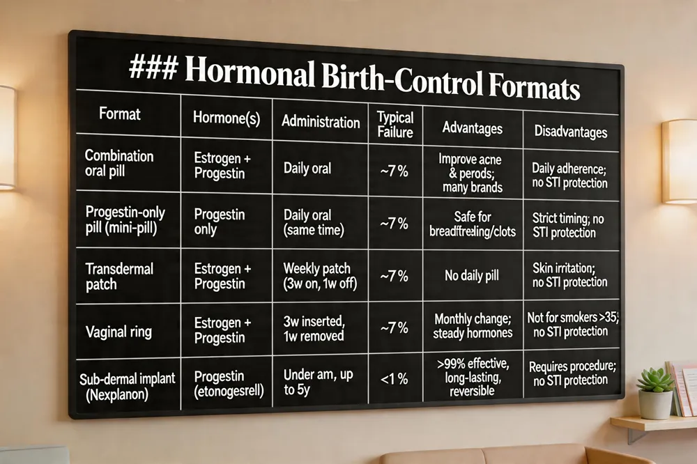 ### Hormonal Birth‑Control Formats
| Format | Hormone(s) | Administration | Typical Failure (Typical Use) | Advantages | Disadvantages |
|---|---|---|---|---|---|
| Combination oral pill | Estrogen + Progestin | Daily oral | ~7 % | Can improve acne & menstrual regularity; many brands | Requires daily adherence; no STI protection |
| Progestin‑only pill (mini‑pill) | Progestin only | Daily oral (same time) | ~7 % | Safe for breastfeeding & clotting disorders | Strict timing; no STI protection |
| Transdermal patch | Estrogen + Progestin | Weekly skin patch (3 weeks on, 1 week off) | ~7 % | No daily pill‑taking | Skin irritation; no STI protection |
| Vaginal ring | Estrogen + Progestin | Inserted for 3 weeks, removed for 1 week | ~7 % | Monthly change; steady hormone levels | Not for smokers >35 y or clot risk; no STI protection |
| Sub‑dermal implant (e.g., Nexplanon) | Progestin (etonogestrel) | Inserted under arm skin, up to 5 years | <1 % | >99 % effective, long‑lasting, reversible | Requires procedure; no STI protection |
