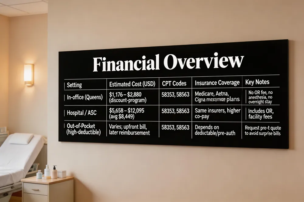 Financial Overview
| Setting | Estimated Cost (USD) | CPT Codes | Typical Insurance Coverage | Key Notes |
|---|---|---|---|---|
| In‑office (Queens) | $1,176 – $2,880 (discount‑program) | 58353 (thermal ablation), 58563 (hysteroscopic ablation) | Medicare, Aetna, Cigna, most private plans when medically necessary | No OR fee, no anesthesia team, no overnight stay |
| Hospital / Ambulatory Surgical Center | $5,658 – $12,095 (national avg $8,449) | Same as above | Same insurers, often higher co‑pay/deductible | Includes OR, anesthesia, facility fees |
| Out‑of‑Pocket (high‑deductible) | Varies; larger upfront bill, later reimbursement | Same | Depends on deductible, co‑pay, pre‑authorization | Request detailed pre‑t quote to avoid surprise bills |
