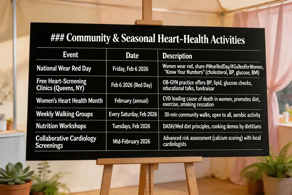 ### Community & Seasonal Heart‑Health Activities
| Event | Date | Description |
|---|---|---|
| National Wear Red Day | Friday, Feb 6 2026 | Women wear red, share #WearRedDay/#GoRedforWomen, “Know Your Numbers” (cholesterol, BP, glucose, BMI) |
| Free Heart‑Screening Clinics (Queens, NY) | Feb 6 2026 (Red Day) | OB‑GYN practice offers BP, lipid, glucose checks, educational talks, and fundraiser |
| Women’s Heart Health Month | February (annual) | Campaign highlighting CVD as leading cause of death in women; promotes diet, exercise, smoking cessation |
| Weekly Walking Groups | Every Saturday, Feb 2026 | Community‑led 30‑min walks, open to all ages, encourages regular aerobic activity |
| Nutrition Workshops | Tuesdays, Feb 2026 | Dietitians present DASH & Mediterranean diet principles, cooking demos |
| Collaborative Cardiology Screenings | Mid‑February 2026 | Joint sessions with local cardiology clinics for advanced risk assessment (e.g., calcium scoring) |
