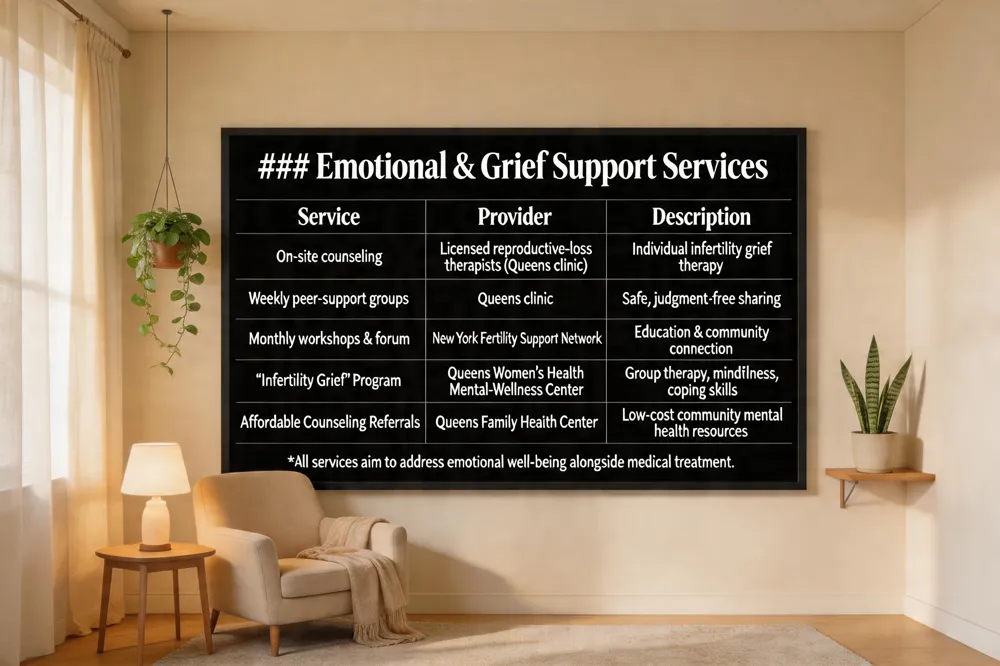 ### Emotional & Grief Support Services
| Service | Provider | Description |
|---|---|---|
| On‑site counseling | Licensed reproductive‑loss therapists (Queens clinic) | Individual therapy focused on infertility grief |
| Weekly peer‑support groups | Queens clinic | Safe, judgment‑free environment for sharing experiences |
| Monthly workshops & online forum | New York Fertility Support Network | Educational sessions and community connection |
| “Infertility Grief” program | Queens Women’s Health Mental‑Wellness Center | Group therapy, mindfulness, coping‑skill workshops |
| Referral to affordable counseling | Queens Family Health Center | Low‑cost community mental‑health resources |
All services aim to address emotional well‑being alongside medical treatment.