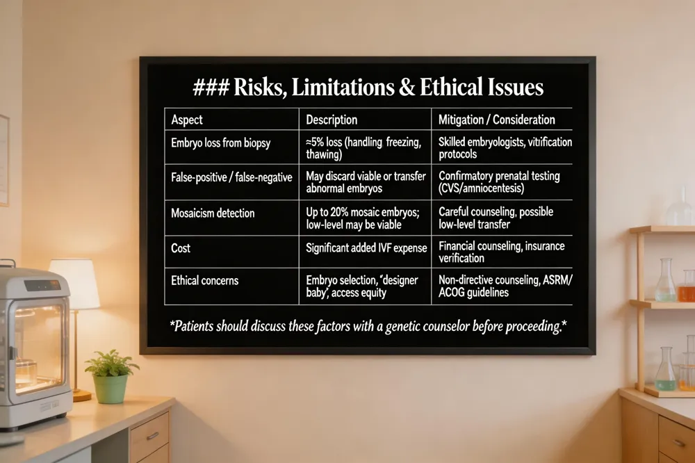 ### Risks, Limitations & Ethical Issues
| Aspect | Description | Mitigation / Consideration |
|---|---|---|
| Embryo loss from biopsy | ≈5 % loss due to handling, freezing, thawing | Skilled embryologists, vitrification protocols |
| False‑positive / false‑negative results | May discard viable embryos or transfer abnormal ones | Confirmatory prenatal testing (CVS/amniocentesis) |
| Mosaicism detection | Up to 20 % of embryos show mosaicism; low‑level may still be viable | Careful counseling, possible transfer of low‑level mosaics |
| Cost | Significant added expense to IVF cycle | Financial counseling, insurance verification |
| Ethical concerns | Embryo selection, potential “designer baby”, equity of access | Non‑directive counseling, adherence to ASRM/ACOG guidelines |
Patients should discuss these factors with a genetic counselor before proceeding.