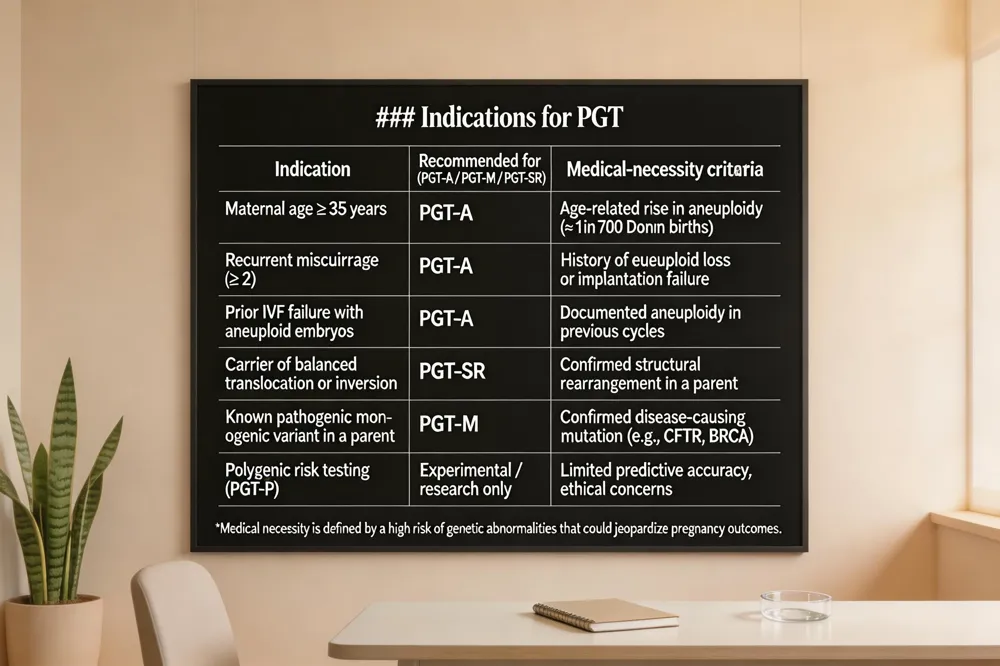 ### Indications for PGT
| Indication | Recommended for (PGT‑A / PGT‑M / PGT‑SR) | Medical‑necessity criteria |
|---|---|---|
| Maternal age ≥ 35 years | PGT‑A | Age‑related rise in aneuploidy (≈1 in 700 Down births) |
| Recurrent miscarriage (≥ 2) | PGT‑A | History of eueuploid loss or implantation failure |
| Prior IVF failure with aneuploid embryos | PGT‑A | Documented aneuploidy in previous cycles |
| Carrier of balanced translocation or inversion | PGT‑SR | Confirmed structural rearrangement in a parent |
| Known pathogenic monogenic variant in a parent | PGT‑M | Confirmed disease‑causing mutation (e.g., CFTR, BRCA) |
| Polygenic risk testing (PGT‑P) | Experimental / research only | Limited predictive accuracy, ethical concerns |
Medical necessity is defined by a high risk of genetic abnormalities that could jeopardize pregnancy outcomes.