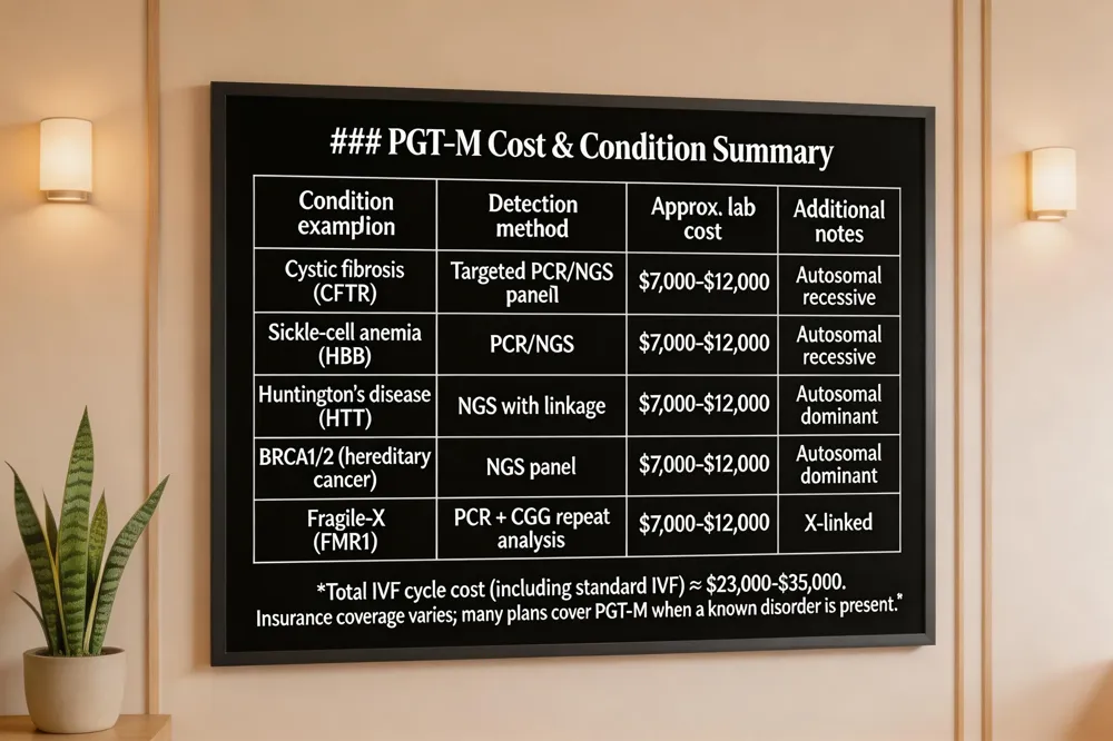 ### PGT‑M Cost & Condition Summary
| Condition (example) | Detection method | Approx. lab cost ( | Additional notes |
|---|---|---|---|
| Cystic fibrosis (CFTR) | Targeted PCR/NGS panel | $7,000‑$12,000 | Autosomal recessive |
| Sickle‑cell anemia (HBB) | PCR/NGS | $7,000‑$12,000 | Autosomal recessive |
| Huntington’s disease (HTT) | NGS with linkage | $7,000‑$12,000 | Autosomal dominant |
| BRCA1/2 (hereditary cancer) | NGS panel | $7,000‑$12,000 | Autosomal dominant |
| Fragile‑X (FMR1) | PCR + CGG repeat analysis | $7,000‑$12,000 | X‑linked |
Total IVF cycle cost (including standard IVF) ≈ $23,000‑$35,000. Insurance coverage varies; many plans cover PGT‑M when a known disorder is present.