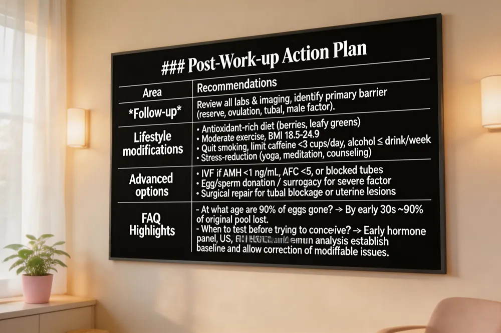 ### Post‑Work‑up Action Plan
| Area | Recommendations |
|---|---|
| Follow‑up | Review all labs & imaging; identify primary barrier (reserve, ovulation, tubal, male factor). |
| Lifestyle modifications | • Antioxidant‑rich diet (berries, leafy greens).<br>• Moderate exercise, BMI 18.5‑24.9.<br>• Quit smoking, limit caffeine <3 cups/day, alcohol ≤1 drink/week.<br>• Stress‑reduction (yoga, meditation, counseling). |
| Advanced options | • IVF if AMH < 1 ng/mL, AFC < 5, or blocked tubes.
• Egg/sperm donation or surrogacy for severe factor. • Surgical repair for tubal blockage or uterine lesions. | | FAQ Highlights | - At what age are 90 % of eggs gone? → By early 30s ~90 % of original pool lost.<br>- When to test before trying to conceive? → Early hormone panel, US, HSG, and semen analysis establish baseline and allow correction of modifiable issues. |