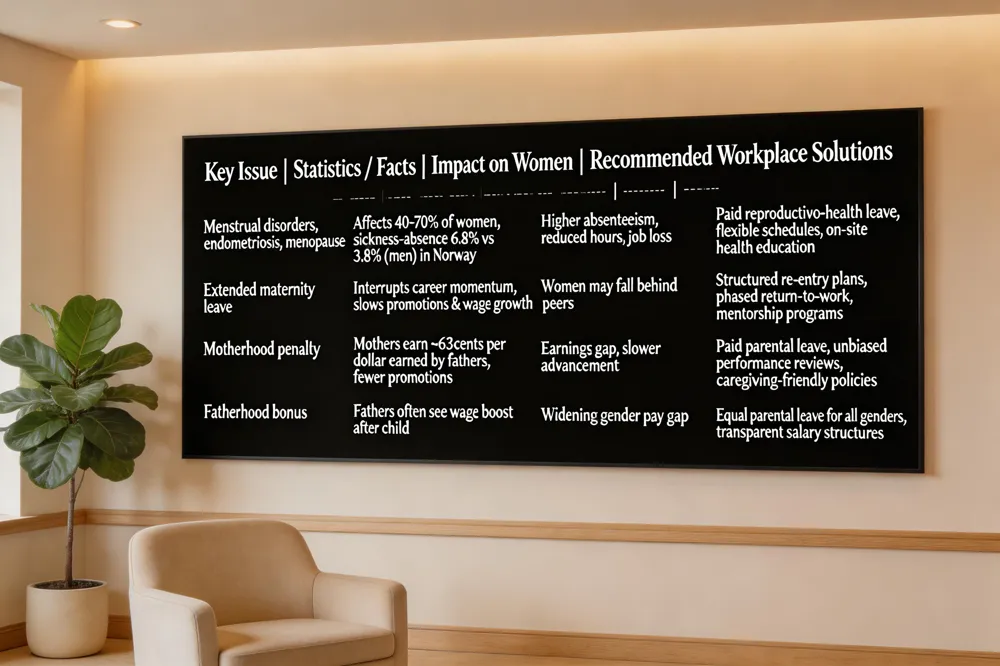 Key Issue | Statistics / Facts | Impact on Women | Recommended Workplace Solutions |
|---|---|---|---|
| Menstrual disorders, endometriosis, menopause | Affects 40‑70 % of women; sickness‑absence 6.8 % vs 3.8 % (men) in Norway | Higher absenteeism, reduced hours, job loss | Paid reproductive‑health leave, flexible schedules, on‑site health education |
| Extended maternity leave | Interrupts career momentum, slows promotions & wage growth | Women may fall behind peers | Structured re‑entry plans, phased return‑to‑work, mentorship programs |
| Motherhood penalty | Mothers earn ~63 cents per dollar earned by fathers; fewer promotions | Earnings gap, slower advancement | Paid parental leave, unbiased performance reviews, caregiving‑friendly policies |
| Fatherhood bonus | Fathers often see wage boost after child | Widening gender pay gap | Equal parental leave for all genders, transparent salary structures